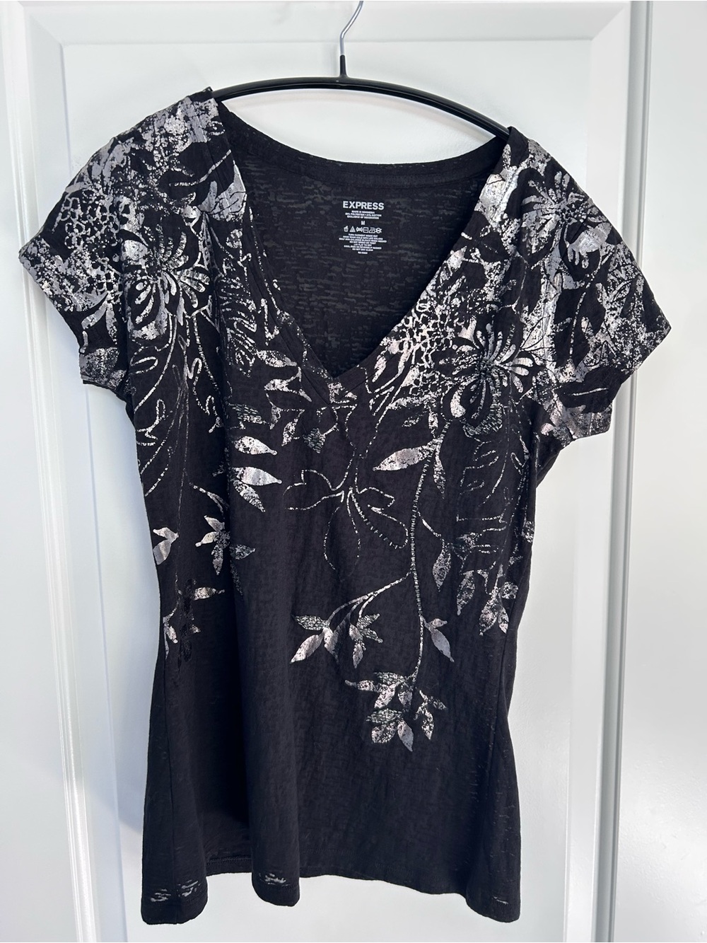 Express Black V-Neck Short Sleeve Top with Silver Floral Print, Like new